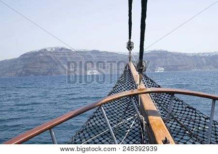 Bow On Wooden Ship In The Sea, Santorini, Greece