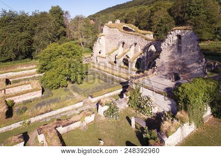 Aerial View Of The Ruins Of Christian Catholic Medieval Alvastra Abbey Located Near Odeshog In Swede