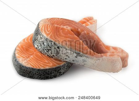 Slice Of Raw Salmon Steak Isolated On White Background. Thick Piece Of Fresh Red Fish Or Trout With 