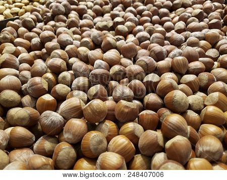 Huzelnut Background.
Hazelnuts In Shell Stacked In A Heap Shot From Above Closeup