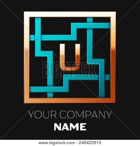 Realistic Golden Letter U Logo Symbol In The Cyan-golden Colorful Square Maze Shape On Black Backgro