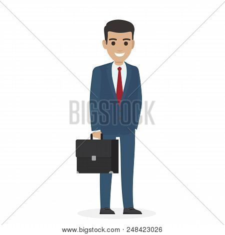 Smiling Handsome Manager Or Administering In Blue Business Suit Keeps Black Suitcase Isolated On Whi