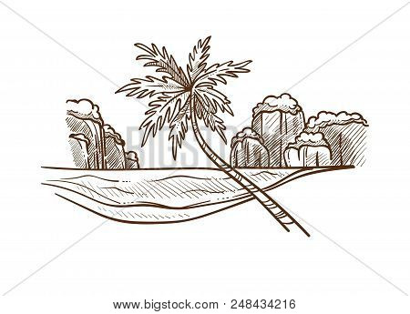 Island With Palm And Water Monochrome Sketch Outline. Hand Drawn Nature Of Oriental Countries With S