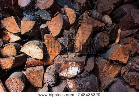 Pile Of Firewood. Preparation Of Firewood For The Winter And Use For Cooking, Firewood Background, S