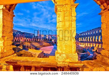Arena Pula Roman Amphiteather Dawn View, Istria Region Of Croatia