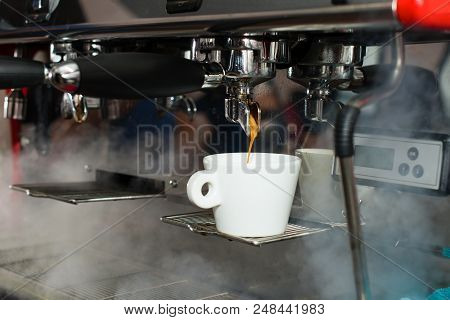 Barista Workplace, Coffee Machine Making Coffee. Preparation And Service Concept