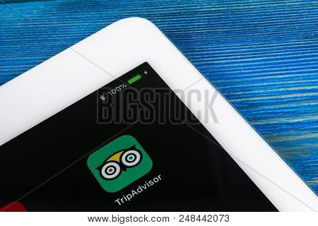 Sankt-petersburg, Russia, July 6: Tripadvisor Application Icon On Apple Ipad Pro Screen Close-up. Tr