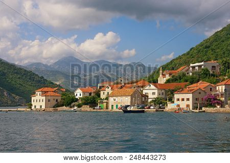 Beautiful Mediterranean Landscape With Small Seaside Village. Montenegro, Bay Of Kotor, Lepetane Vil