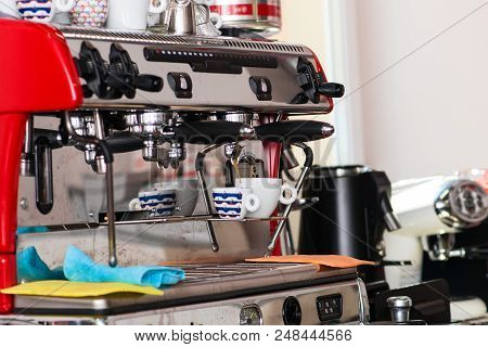 Barista Workplace, Coffee Machine Making Coffee. Preparation And Service Concept
