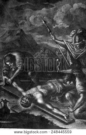 BLATO, CROATIA - MARCH 22: 11th Stations of the Cross, Crucifixion: Jesus is nailed to the cross, Church of All Saints in Blato, Korcula island, Croatia, on March 22, 2017.