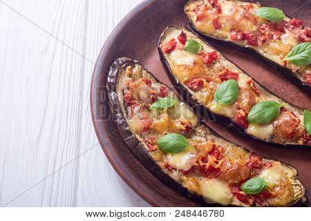 Healthy Food . Eggplant With Tomatoes , Cheese And Basil