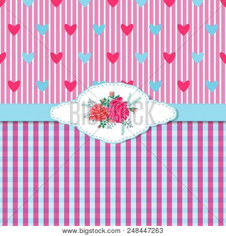 Greeting Card With Roses And Hearts In The Style Of Shabbi-chic.vector Illustration With Pink Flower