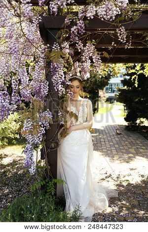 Beautiful Young Woman Bride  In Luxurious Wedding Dress And Diadema