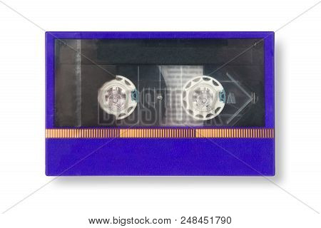 Old Blue Cassete Tape Mint Condition In Box With Shadow Isolated On White Background