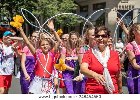 Prague, Czech Republic - July 1, 2018: Women Parading At Sokolsky Slet, A Once-every-six-years Gathe