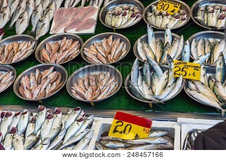 Fish For Sale In Small Bowls Seen At A Market In Istanbul, Turkey