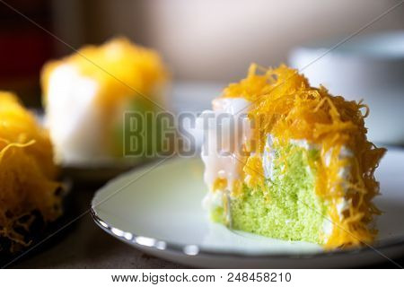 Selective Focus Piece Of  Gold Egg Yolk Thread Cake , Or  'cake Foi Tong