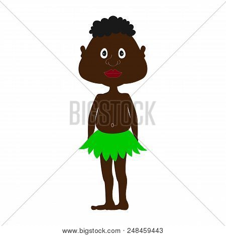 Curly Black Man In Green Loincloth Is Standing. Vector Illustration.