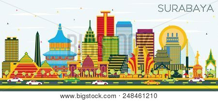 Surabaya Indonesia Skyline with Color Buildings and Blue Sky. Business Travel and Tourism Concept with Modern Architecture. Surabaya Cityscape with Landmarks.