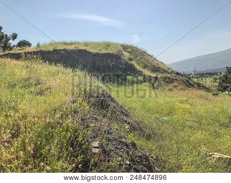 A Beautiful View Of The Hillock With Blossoming Flowers In The Green Grass Against The Sky.