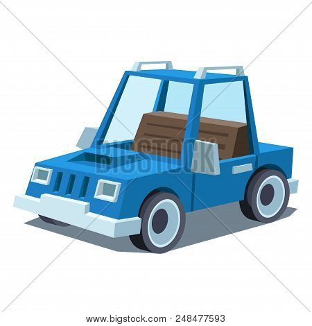 Illustration Of Cartoon Funny Blue Color Car With Shdow Isolated On White Background