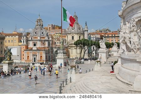 Rome, Italy - Jun 3, 2018 - View Of Catholic Churches From National Monument Vittorio Emanuele Ii At