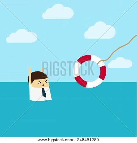 Businessman With Life Preserver. Flat Design. Cartoon Character