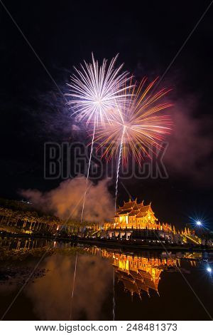 Fireworks Celebrate The New Year 2018 At Rajapruek Royal Park, Chiang Mai With Beutiful Light Of Hor
