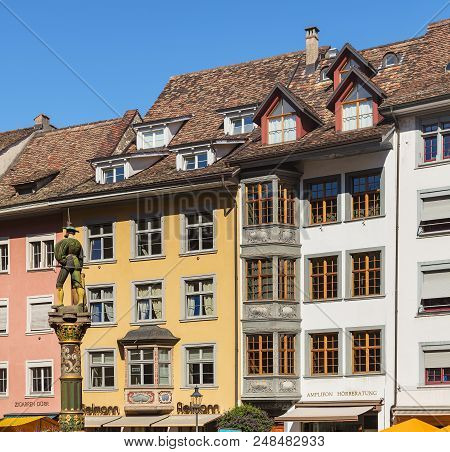 Schaffhausen, Switzerland - August 26, 2015: Buildings In The Historic Part Of The City Of Schaffhau