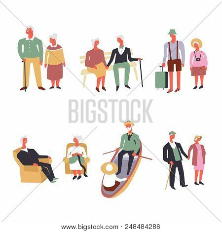Old People In Fun Leisure And Sport Activity Life Style. Vector Elderly Man And Woman Walking Togeth