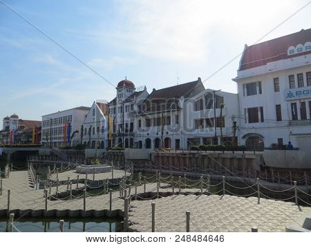 Jakarta, Indonesia - July 7, 2018: Old Buildings Beside Krukut River On Kali Besar, Kota Tua.