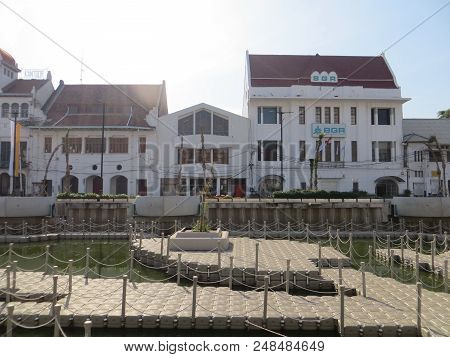 Jakarta, Indonesia - July 7, 2018: Old Buildings Beside Krukut River On Kali Besar, Kota Tua.