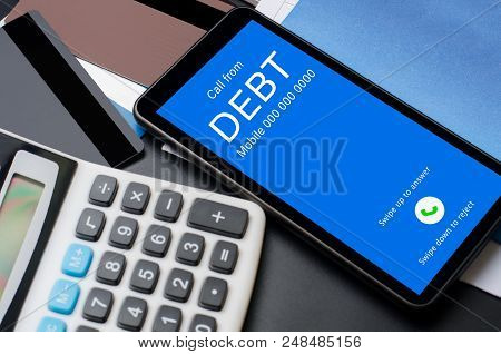 Top View Of Incoming Call On Smart Phone Screen From Creditor. Concept Of Business Financial And Deb