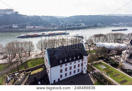 Germany Aerial View Of The Groundstation Funicular Which Connects Downtown Koblenz With The Fortress