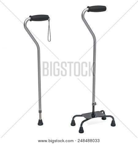 Medline Quad Cane And Walking Stick. 3d Rendering Isolated On White Background