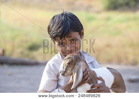Mandu, India - February 03, 2017 : Unidentified Indian Boy On The Street With Goatling. Poverty Is A