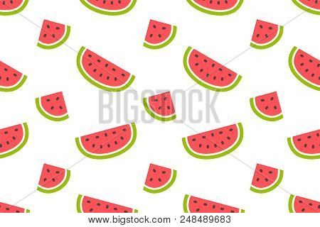 Seamless Pattern With Watermelons And Slices. Flat Style. Isolated On White Background