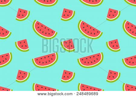 Seamless Pattern With Watermelons And Slices. Flat Style. Isolated On Blue Background