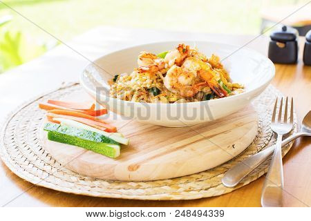 Khao Pad With Shrimp With Vegetables Cucumber And Carrot Serve White Plate Thai Traditional Cuisine 