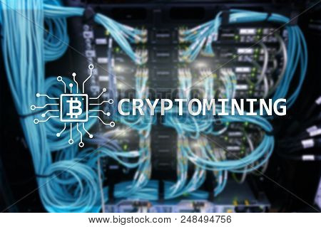 Cryptocurrency Mining Concept On Server Room Background.