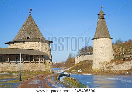 Two Towers Of The Pskov Kremlin In The Last Days Of Winter. Pskov, Russia