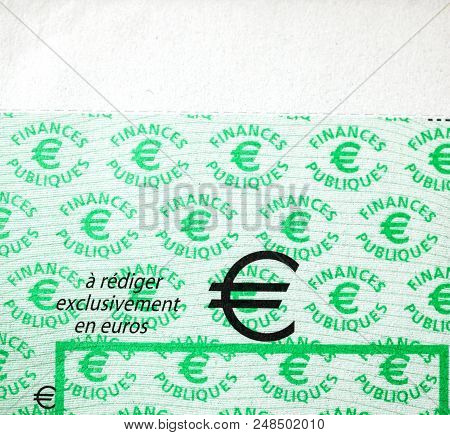 Paris, France - Jan 1, 2015: Macro Detail Of French Cheque Issued By The Direction Generale Des Fina