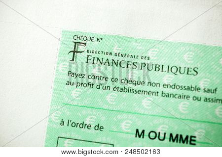 Paris, France - Jan 1, 2015: Detail Of French Cheque Issued By The Direction Generale Des Finances P