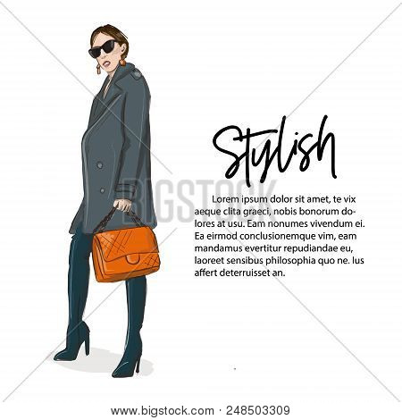 Young Woman In Grey Coat And Over Knee Boots With Orange Handbag Illustration. Fashoin Business Outl