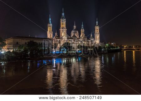 Pilar Zaragoza Mighty Ebro River, Basilica Cathedral Night Illumination Water Reflection Aragon Spai