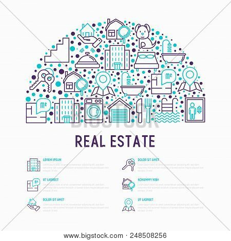 Rea Estate Concept In Half Circle With Thin Line Icons: Apartment House, Bedroom, Keys, Elevator, Sw