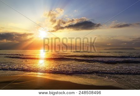 Golden Sunrise Sunset Over The Sea Ocean Waves