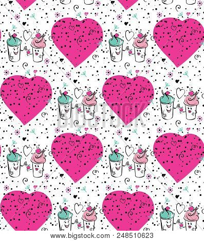 Girl And Boy Ice Cream Character And Cherry, Pink Heart. The Boy Gives The Cherry To The Girl. Seaml