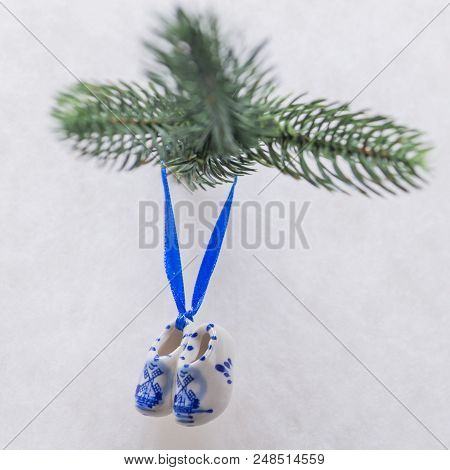 Blue Delftware Christmas Tree Toy Netherlands Closeup Shallow Dof