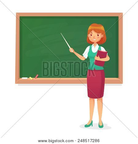 Chalkboard And Teacher. Female Professor Teach At Blackboard. Lessons Young Woman Teachers Character